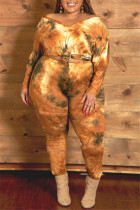 Orange Fashion Casual Tie Dye Printing V Neck Plus Size Set