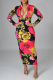 Red Sexy Print Patchwork Zipper Collar Pencil Skirt Dresses