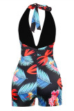 Blue Fashion Sexy Print Backless Halter Regular Romper