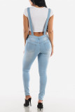 Baby Blue Fashion Casual Solid Ripped Pocket Regular Denim Jumpsuits