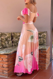 Pink Sexy Print Flounce Off the Shoulder Short Sleeve Two Pieces