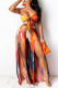 Blue Orange Fashion Sexy Print Tie Dye Backless Slit Strapless Sleeveless Two Pieces