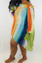 Green Fashion Sexy Off The Shoulder Long Sleeves One word collar Asymmetrical Knee-Length Striped Patchwor