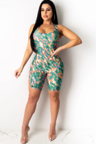 Green Sexy Hollow Asymmetrical Camouflage Backless Print Chemical fiber blend Sleeveless O Neck Rompers