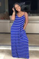 Blue Sexy Fashion Spaghetti Strap Sleeveless Slip Step Skirt Ankle-Length Striped Solid Casual