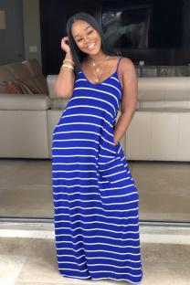 Blue Sexy Fashion Spaghetti Strap Sleeveless Slip Step Skirt Ankle-Length Striped Solid Casual