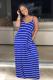 Blue Sexy Fashion Spaghetti Strap Sleeveless Slip Step Skirt Ankle-Length Striped Solid Casual