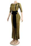 Yellow Casual Print Patchwork O Neck Straight Jumpsuits