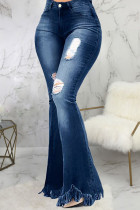 Dark Blue Broken Holes Flared Denim