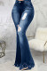 Dark Blue Broken Holes Flared Denim