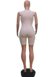 Pink Casual Sportswear Solid Basic Zipper Collar Skinny Romper