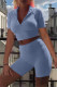 Light Blue Fashion Casual Solid Basic Turndown Collar Short Sleeve Two Pieces