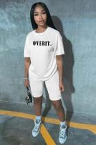 White Fashion adult Active Letter Print Two Piece Suits Patchwork Straight Short Sleeve Two-Pie