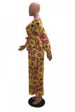 Yellow adult Fashion OL Cap Sleeve Long Sleeves V Neck A-Line Floor-Length Print bandage Geometri
