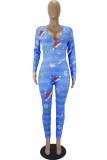 Blue Sexy Santa Hats Printed Patchwork O Neck Jumpsuits