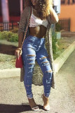Dark Blue Fashion Casual Solid Ripped High Waist Jeans