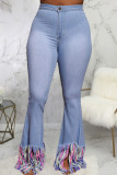 Baby Blue Sexy Solid Tassel Mid Waist Regular Denim