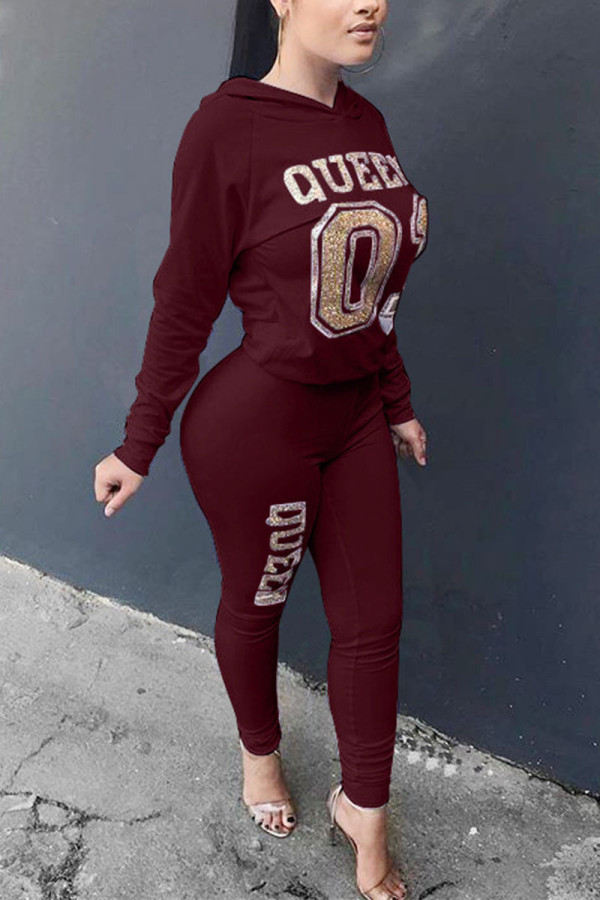 Wine Red Casual Letter Print Patchwork Hooded Collar Long Sleeve Two Pieces