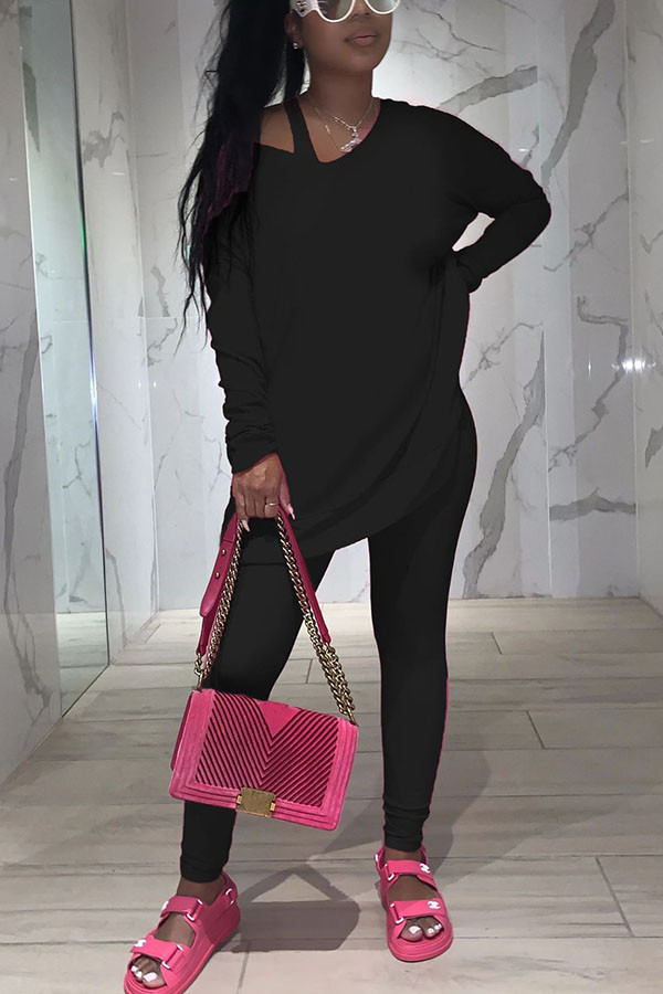 Black Fashion Casual Adult Solid Patchwork O Neck Long Sleeve Regular Sleeve Regular Two Pieces