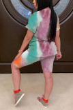 Pink Fashion Casual adult Patchwork Tie Dye Two Piece Suits pencil Short Sleeve Two Pieces