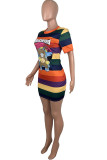 cartoon Fashion Casual cartoon multicolor Cap Sleeve Short Sleeves O neck Step Skirt skirt Striped Print Dresses