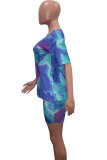 Dark Blue Fashion Sexy adult Patchwork Print Tie Dye Two Piece Suits Straight Short Sleeve Two Pieces