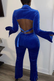 Blue Sexy Flocking Solid Backless Slit Turndown Collar Long Sleeve Regular Sleeve Short Two Pieces