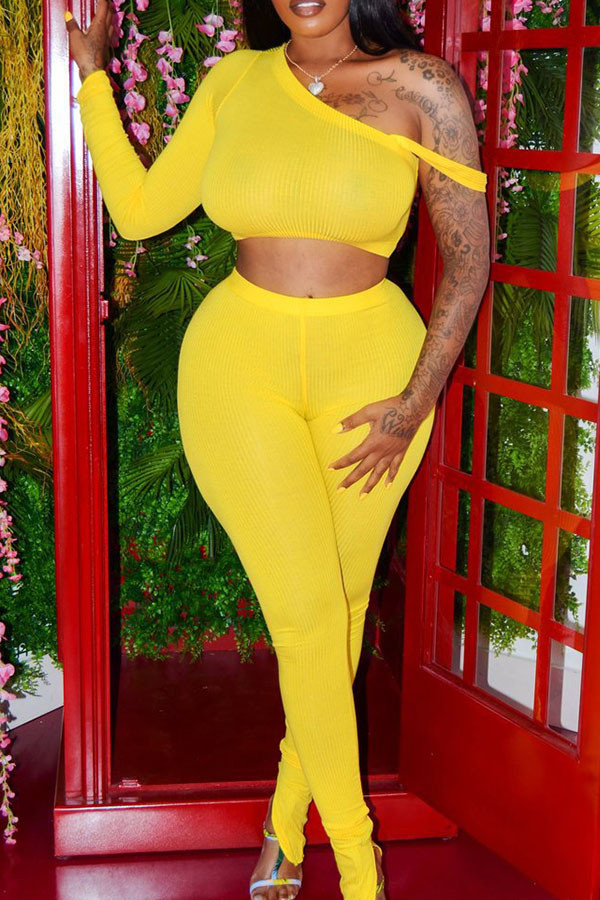 Yellow Sexy Ma'am Solid Split asymmetrical Two Piece Suits Skinny Long Sleeve Two Pieces
