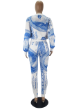 Blue Casual Print Patchwork O Neck Long Sleeve Two Pieces