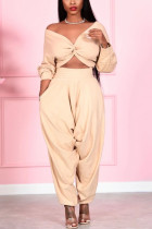 Camel Street Solid V Neck Long Sleeve Two Pieces