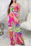 Multicolor Sexy Print Patchwork Spaghetti Strap Straight Jumpsuits