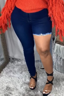 Dark Blue Fashion Sexy Solid Asymmetrical High Waist Skinny Jeans