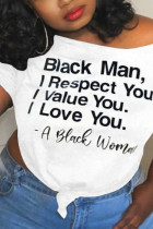 White Black One word collar Short Sleeve Letter Print Tops