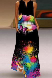 Blue Black Casual Print Patchwork V Neck Printed Dress Dresses