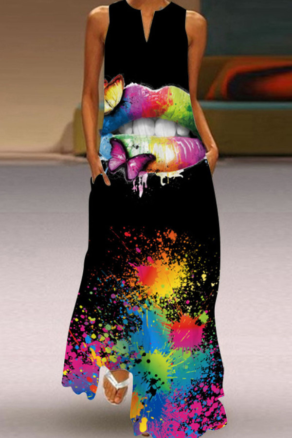 Blue Black Casual Print Patchwork V Neck Printed Dress Dresses