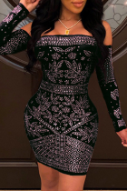 Black Sexy Hot Drilling Patchwork Bateau Neck Pencil Skirt Dresses