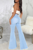 Baby Blue Casual Butterfly Print Patchwork Mid Waist Boot Cut Denim Jeans