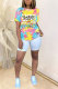 Yellow White Blue Yellow purple colour O Neck Short Sleeve Patchwork Print Character Tops