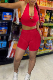 Red Sexy Solid Hollowed Out Backless Halter Sleeveless Two Pieces
