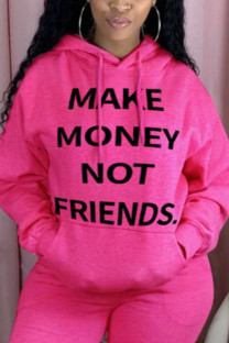 rose red hooded Long Sleeve Print Tops
