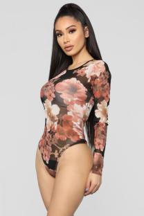 Multi-color Sexy Fashion perspective Print Patchwork Long Sleeve O Neck Playsuits