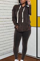 Brown Street Print Hooded Collar Long Sleeve Regular Sleeve Two Pieces