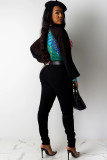 Brown O Neck Long Sleeve Print Patchwork
