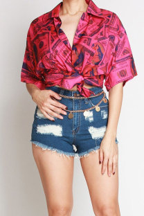 Red Nylon Turndown Collar Short Sleeve Patchwork Print Slim fit Button Tops