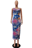 Red Sexy Print Hollowed Out Spaghetti Strap Pencil Skirt Dresses