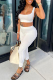 White Casual Sportswear Solid Backless Boat Neck Sleeveless Two Pieces