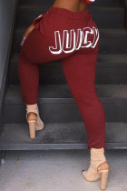 Wine Red Fashion Casual Street Sportswear Blends Letter Print Solid Pants Straight Bottoms