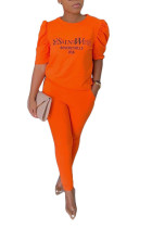 Orange Fashion Casual Print pencil Half Sleeve Two Pieces