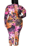 Orange Sexy Twilled Satin Print O Neck Long Sleeve Mid Calf Pencil Skirt Dresses