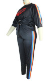Black Casual Print Bandage Patchwork O Neck Plus Size Two Pieces